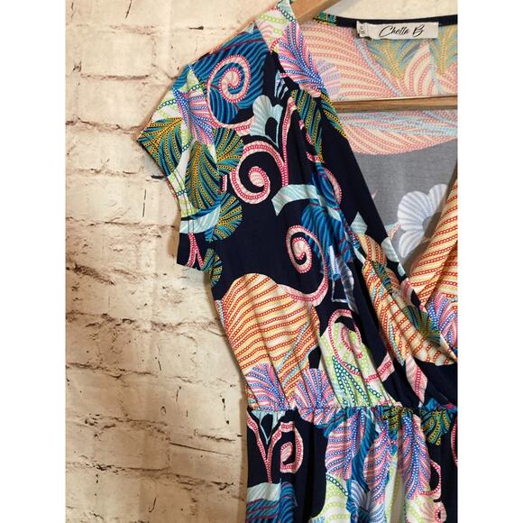 Chetta B Dress Womens Small A Line Tropical Jungle Print Colorful Stretch Draped - Picture 6 of 14